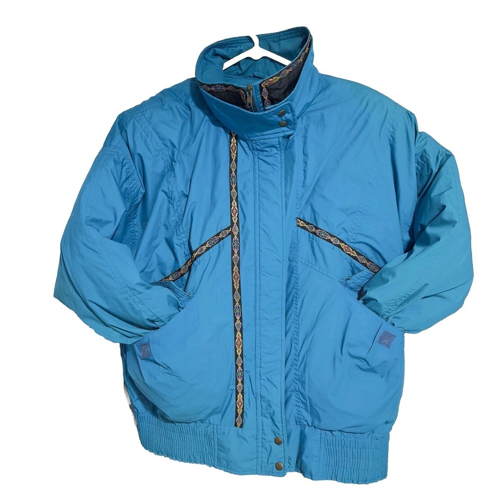 Vtg Jennifer Hill Teal Puffer Women Jacket w/Zipper Liner Size L Down Feathers